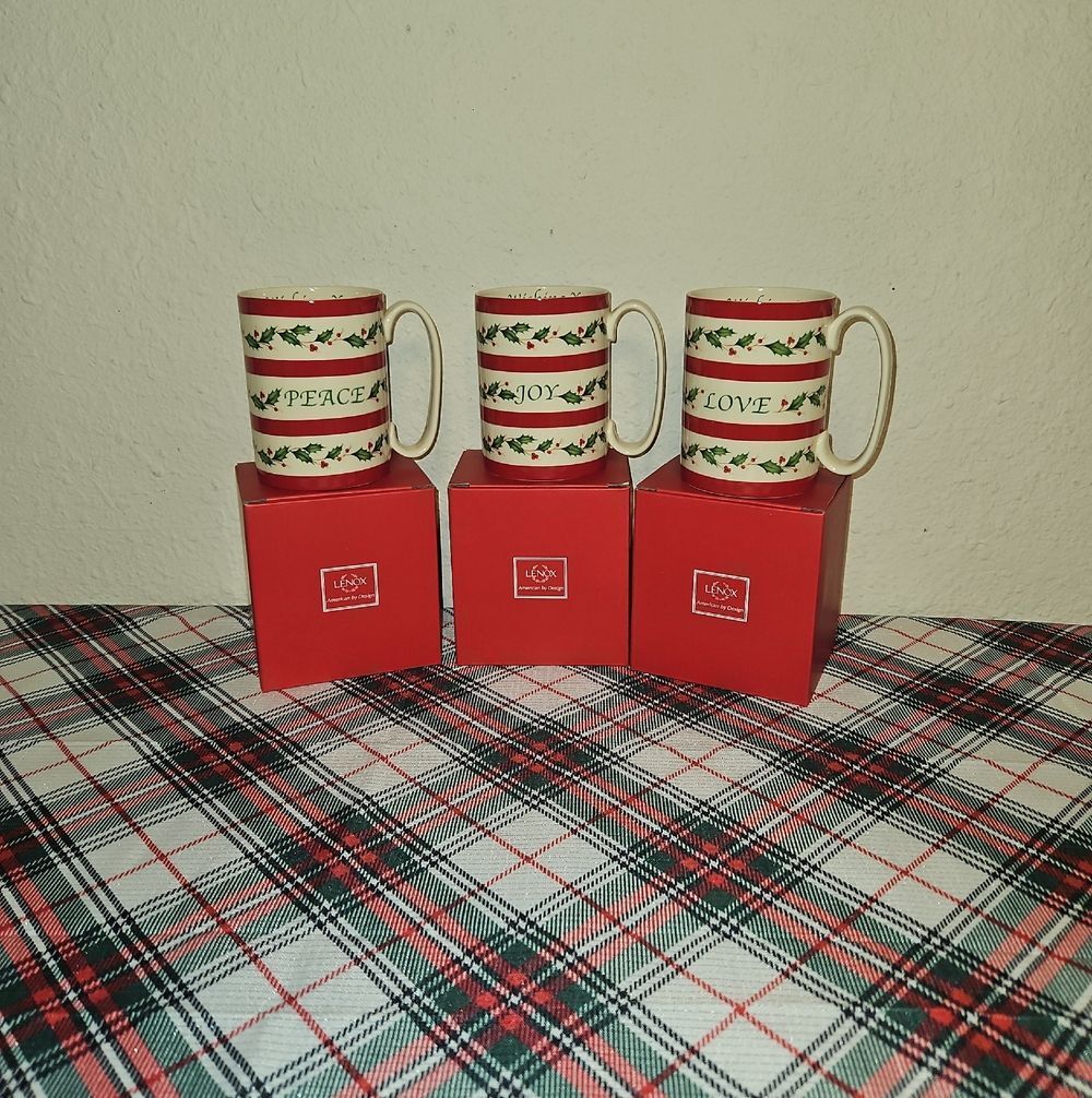 Set Of 3 Lenox Holiday Wishes PEACE, JOY, LOVE Mugs